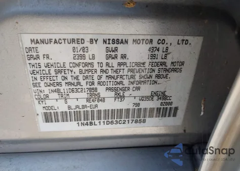 2003 Nissan Altima 3.5 Se из США, поврежденный, VIN 1N4BL11D63C217858